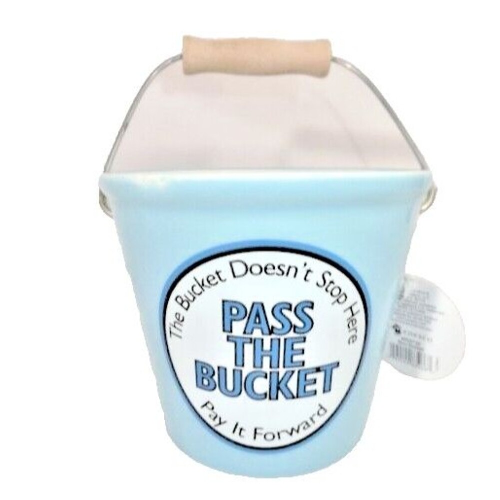 Our Name is Mud PASS THE BUCKET Pay it Forward Blue Ceramic Bowl Wood Handle